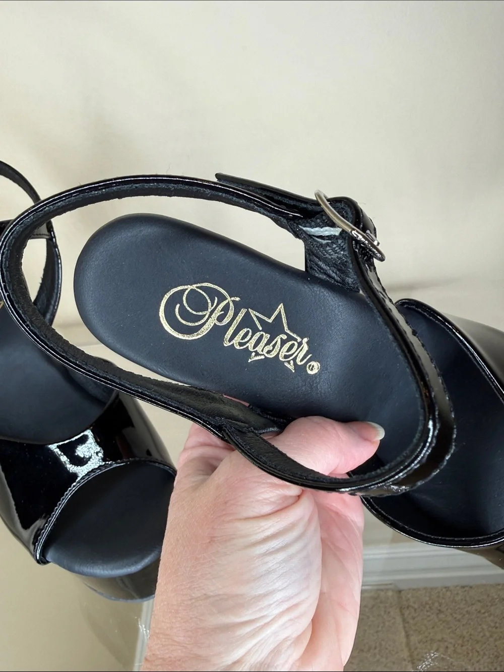 Pleaser Black Patent Platform Peep-Toe Ankle Strap Heels